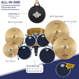 SoundPier Cymbal Pack with Drum Pads | 11pcs Low Volume Cymbal Pack & Drum Mute Pads, Quiet Drum Set Cymbals 14"/16"/18"/20" | Drum Mute Pak 10"/12"/13"/14"/16", 1 Bass Drum Mute Pad, Drum Cymbals Bag