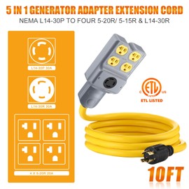 Kanayu 10 ft Generator Adapter Extension Cord Compatible with NEMA L14-30p to 4 Port 5-20r/ 5-15r & L14-30r, 4 Prong Locking Generator 30 Amp to 15/20 Amp Power Cord 125/250v 7500 Watts