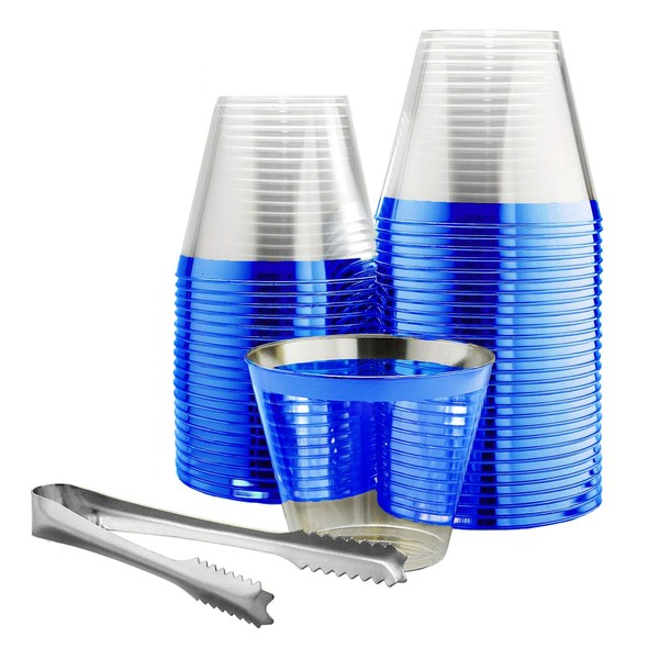 100 Blue Rimmed Plastic Cups and 1 Silver Ice Tong Set - 9 Ounce Disposable Wine Glasses - Plastic Cocktail Cups - Blue Party Decorations - Fancy Blue Party Supplies