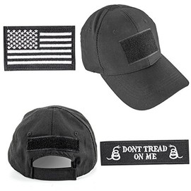 GES Tactical Hat for Men with 2 Pieces Military Patches, Adjustable Operator Hat with USA Flag/Dont Tread, American Flag Hat for Men Work, Gym, Hiking and More (Black Cap)