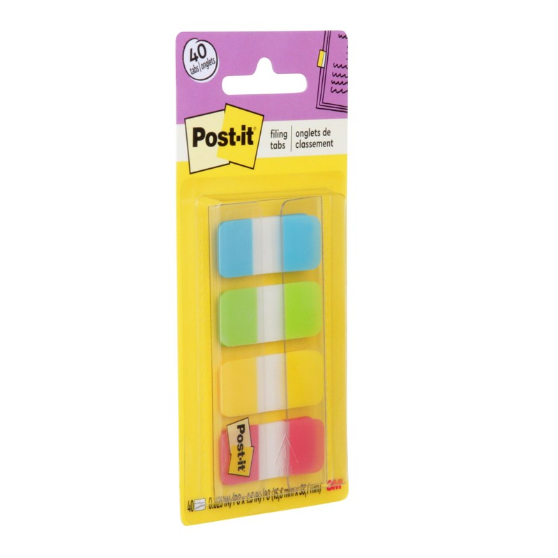 Post-it Tabs, .625 in Solid, Aqua, Lime, Yellow, Red, 10/Color,
