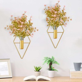 Yorkmills Plant Wall Decor with Pink Artificial Flowers in Diamond Hanging Vase Set of 2, Gold Metal Wall Planter Decorations Fake Plant Home Wall Decor for Living Room, Dining Room, Bedroom, Bathroom