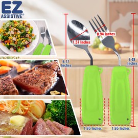 EZ Assistive Adaptive Spoon & Fork Easy to Hold for Independent Eating, Weighted Utensils for Hand Tremors (Right Hand - 1 Set Green Spoon and Fork)