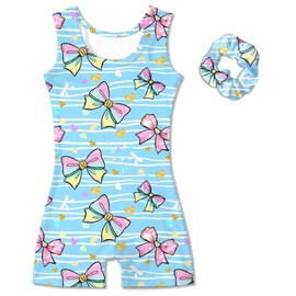 Vogseek Leotards for Girls Gymnastics Outfits Kids Unitards Biketards with Scrunchie Size 5-6T,BLue Bowknot
