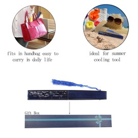 Kakoo Japanese Hand Fan with Gift Box - Butterfly and Japanese Cherry - Fabric Wall Fan - for Wedding Party or Carnival - Blue