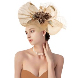 dressfan Womens Church Derby Fascinator Hats,20s 50s Vintage Feather Headband Hair Accessories Headwear for Derby/Wedding/Church/Cocktail/Tea Party,Khaki