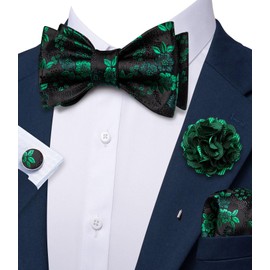 YOHOWA Mens Bow Tie Set with Lapel Pin Brooch Black Gree Silk Self Tie Bowtie Handkerchief Cufflinks Formal Wedding Party Prom