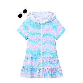 LUCKYGAL Girls Swim Cover Up Mermaid Swimsuit Coverup Terry Zip-Up Beach Bathing Suit Wraps, Size 6 7