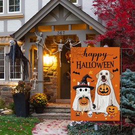 Wodison Happy Halloween Garden Flag 12x18 Inch Double Sided，Dog Cat Witch Hat Pumpkin Small Burlap Yard Flag for Outdoor Holiday Homes Decor