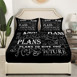 Kids Vintage Bible Verse Fitted Sheet Christian Bible Verse Jeremiah Bed Sheet Set for Boys Children Teens Bedroom Decor Modern Bedding Set Black Bedspread Cover Twin Size with 1 Pillow Case