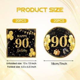 40PCS 90th Birthday Decorations for Men Black and Gold Happy 90th Birthday Decorations 90th Birthday Party Plates Napkins for Men Women Birthday Anniversary supplies Serve 20
