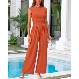 PRETTYGARDEN 2 Piece Outfits For Women Summer Cap Sleeve Crop Shirts Wide Leg Pant Sets Stretchy Rib Knit Lounge Sets(Orange,Medium)