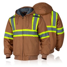 Sicalobo Men's High Visibility Work Jacket, Reflective Waterproof Cashmere Lining Canvas Cold Weather Jacket,Brown,3XL