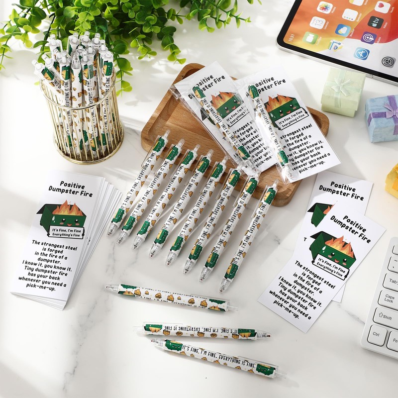 24 Sets Dumpster Fire Gifts Funny Ballpoint Pens and Bookmarks