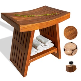 Teak Shower Bench 18 Inch – Fully Assembled Waterproof Seat with Curved Design – Durable Wooden Stool for Bathroom, Spa, or Outdoor Use