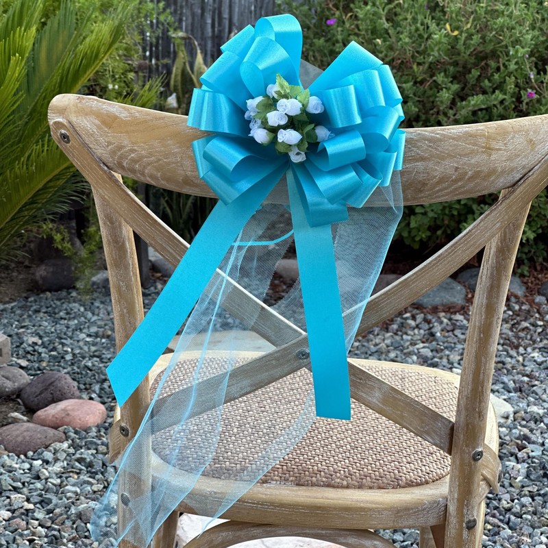 Turquoise Pull Bows with Tulle Tails and Rosebuds - 8"