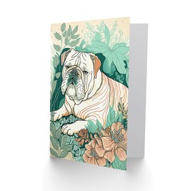 Artery8 Bulldog Lying in a Flower Field Modern Pastel Colour Linocut Illustration Art Birthday Sealed Greeting Card Plus Envelope Blank inside