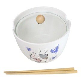 Ebros Gift Whimsical Anime Donburi Ramen Udon Noodles Soup Salad 6" D 40Oz Bowl With Bamboo Chopsticks Glass Lid And Built In Rest Set (Cute Calico Cat With Taiyaki Fish)