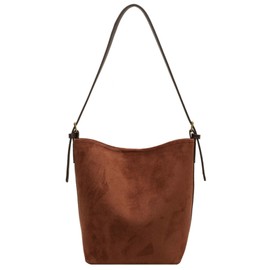 Women Suede Bucket Bag 2024 Fall Bags Trendy Brown Tote Vintage Shoulder Handbag with Pouch Work Purses, A-brown