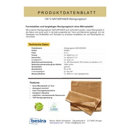 BESIRA 100% Natural Fibre Cleaning Cloth Bamboo Cotton without Microfibre for Household, Kitchen, Bathroom & Sensitive Surfaces, Pack of 3, 40 x 40 cm, Brown