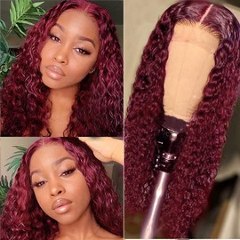 Fuduete Deep Wave 99J 4x4 Lace Front Wigs Human Hair 180% Density Brazilian Deep Curly Lace Closure Wigs for Black Women Pre Plucked with Baby Hair 99J Burgundy(99J Burgundy Wig, 20Inch)