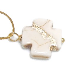 Kintsugi Petite 16mm Square Cross White Howlite, Broken, Mended with 23k Gold, Cord Necklace