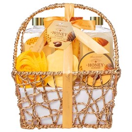 ArioseMonde Cestas de regalo para mujeres, regalos de spa para mujeres, juego de regalo de baño de 8 piezas con miel y almendras para mujeres, kit de
