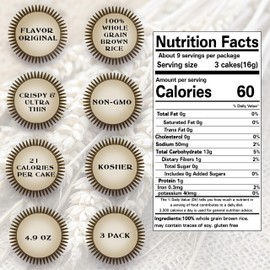 Ultra Thin Rice Cakes - Whole Grain Brown Rice Cakes Salted - Fat Free, Non GMO, Gluten Free Rice Cakes - Low Calorie Snacks - All Natural - 3 Pk
