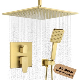 POP SANITARYWARE 12 Inch Ceiling Mount Shower Faucet Set Brushed Gold Ceiling Rainfall Shower Head and Handle Set Bathroom Rain Shower System Include Shower Valve and Trim Kit