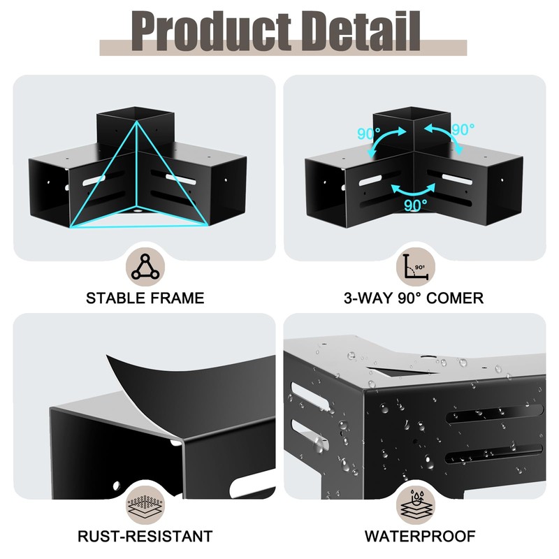 3-Way Pergola Brackets 4x4 (Inner Size 3.5"x3.5"), 90° Right Angle