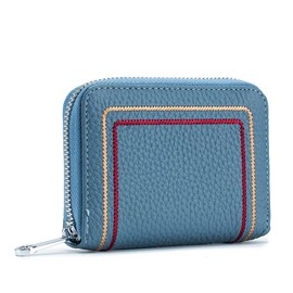 vione Women's Leather Wallet, RFID Protection Wallet with Zip and Multiple Compartments, Small Purse with Embroidery, denim blue, Minimalist