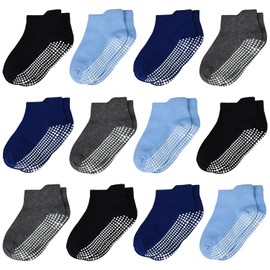 ELUTONG Stopper Socks Children's Baby Socks 9/12 Pairs ABS Non-Slip Socks Children Non-Slip Socks for 6-12 Months 1-7 Years Toddlers Boys Girls, 03 black + dark grey + navy blue + blue