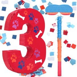 Hiboom 13.7 Inch Dog Paw Red Piñata 3rd Birthday Party Decoration Piñata with 9.8 Inch Stick Blindfold Confetti Number 3 4 5 Birthday Themed Gifts for Kid Boy Girl Fun Dog Footprints Bone Photo Prop