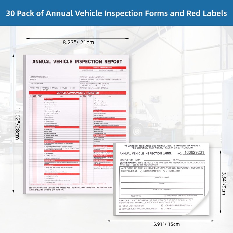 30-Pack Annual Vehicle Inspection Report Form, 3-Ply Carbonless Form and