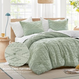 Comfort Spaces Comforter for King Size Bed, Geometric Diamond Tufted Boho Comforter Set, All Season Lightweight Bedding Set, Matching Sham, King/Cal King Sage Green 3 Piece