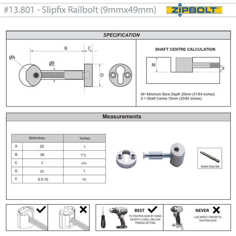 Zipbolt 13.810 Slipfix Railbolt — Staircase Handrail Post to Post