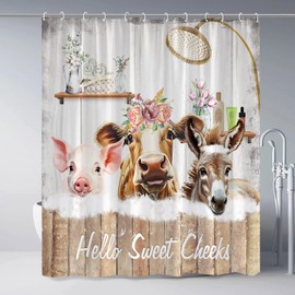 Farmhouse Cow Shower Curtain Funny Rustic Cattle Western Farm Animal Donkey Pig Flower Bath Curtains Bathroom Set Wooden Home Decor Accessories with Hooks 70Wx70H Inch