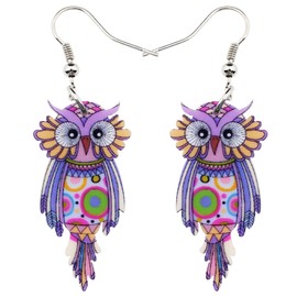 Sweet Dangle OWL Earrings Acrylic Long Bird Drop For Women Both Side Pattern By Bonsny Jewelry (Purple)