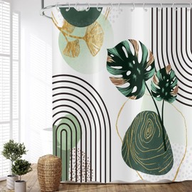 ASDCXZ Boho Leaves Shower Curtain 180x180 cm, Modern Abstract Art Boho Style Gold Green Palm Leaves Bath Washable Shower Curtains Polyester Textile Waterproof Bath Curtain for Bathtub with 12 Hook