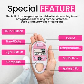 Multi-Function Digital Tally Counter with Compass, Clock, Date and Temperature Display – Handheld Clicker with Spring Clip for Belt or Bag–Ideal for Sports, Meditation, Golf, Knitting and More–White