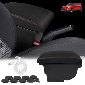 BHB Consoles Armrest Box Compatible with Kia Soul 2010-2013 Center Console Box Storage Armrest Box USB Charge Black with Red Stitching