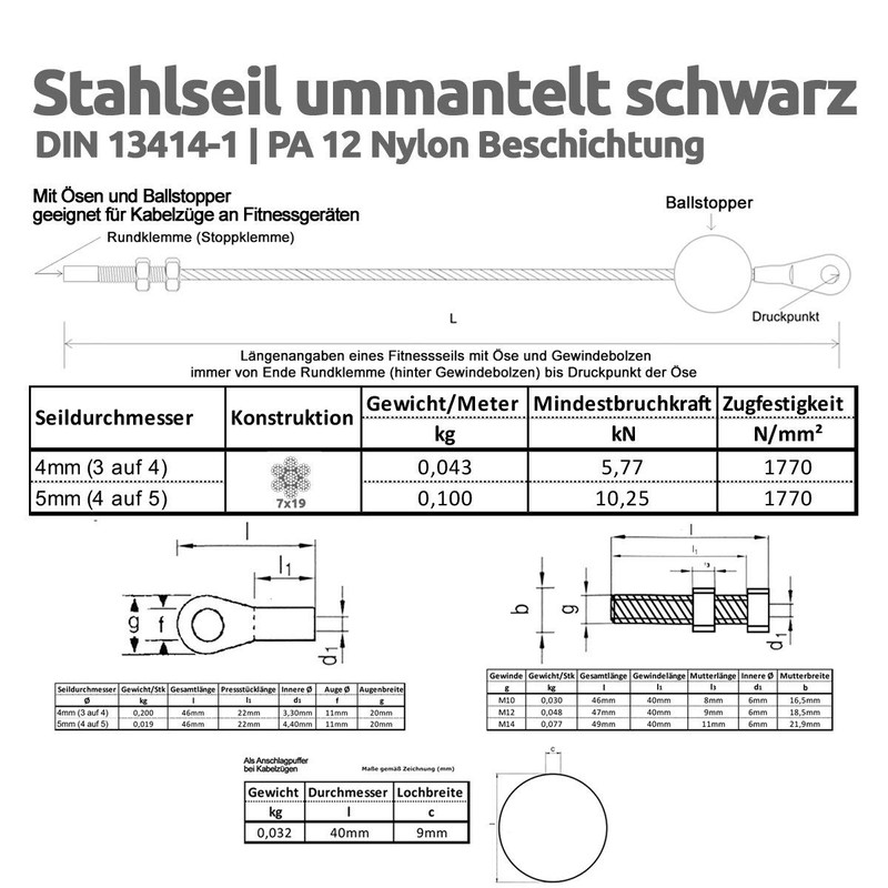 Drahtseile24 Steel Cable Coated for Fitness Equipment with Eyelet and