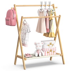 Kids Clothing Rack, Small Clothes Rack for Toddler Pets, Kids Dress Up Rack with Storage Shelf & Double Rods, Foldable Kids Clothes Rack for Nursery Child's Room (Regular Size)