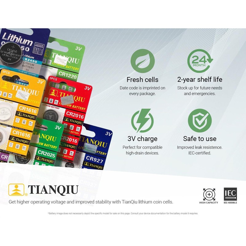 TIANQIU 2032 Battery (CR2032/ DL2032/ E-CR2032/ SB-T51/ LF1/ 2V) Lithium