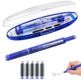 Fountain Pen Retractable, Retractable Fountain Pen 0.38mm Blue&black Ink Transparent Barrel Includes 5 Refillable Ink Cartridges, for Calligraphy Sketching Journaling Gift (Blue)
