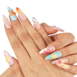Handmade Press on Nails with Glue, Tropical Medium-Long Almond Shape with 3D Wave Resin Seashells Art, Summer Florals & Sunset-coral 10ps(Starsea Reverie- S)