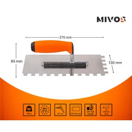 Mivos Toothed Smoothing Trowel 12 x 12 mm - Stainless Steel Serrated Smoothing Trowel 270 x 130 mm - Toothed Trowel with Soft Grip - Rustproof Smoothing Trowel with 12 mm Teeth - Made in EU