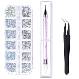 AB Crystal Nail Art Rhinestones, Clear Rhinestones with Flat Back for Crafts, Clear Crystal Rhinestones with Pick Up Tweezers and Rhinestone Picker Dotting Pen Pack of 1500