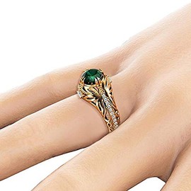 Sdouefos Vintage Gold CZ Ring 14k Gold Plated Engagement Ring Emerald Cut Created Green Emerald Diamond Wedding Ring Band for Women (L 1/2)
