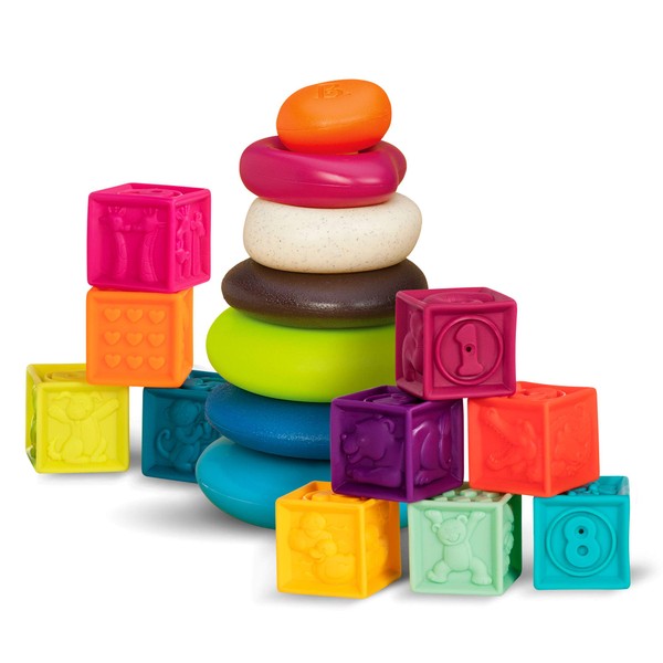 B. toys- B. baby –Baby Blocks & Stacking – 10 Numbered Blocks & 5 Colorful Rings – Building Play Set for Infants – Educational Toys – One Two Squeeze & Stacking Stones - 6 Months +